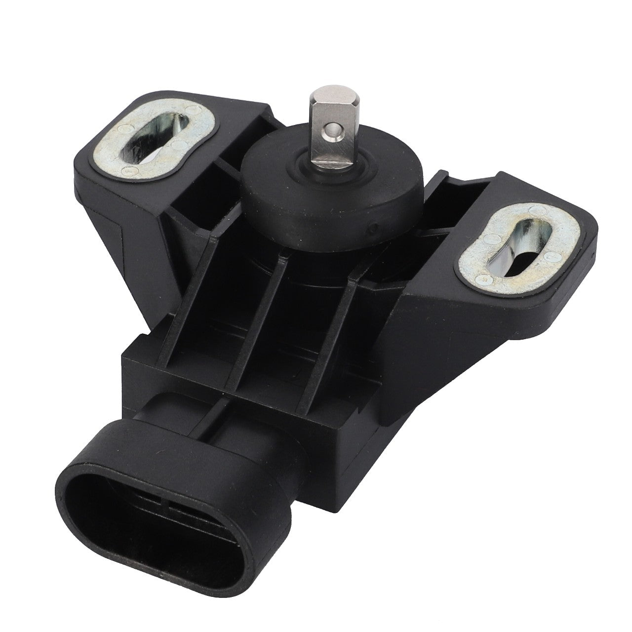 The AGCO Rotary Position Sensor - 71391869 is a black automotive sensor featuring a rectangular connector at the base and two mounting holes on either side at the top, compatible with Massey Ferguson models.