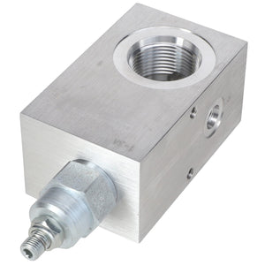 The AGCO RELIEF VALVE - AG331059 is a rectangular metal hydraulic valve body featuring multiple threaded ports and a fitting on one end. Currently, no additional product description information is available.