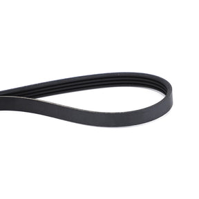 A black, flat, rubber drive belt with a looped end on a white background, crafted for optimal performance and specific fitment, from AGCO | Serpentine Belt, Pk4 Profile - 4357845M1 by AGCO.