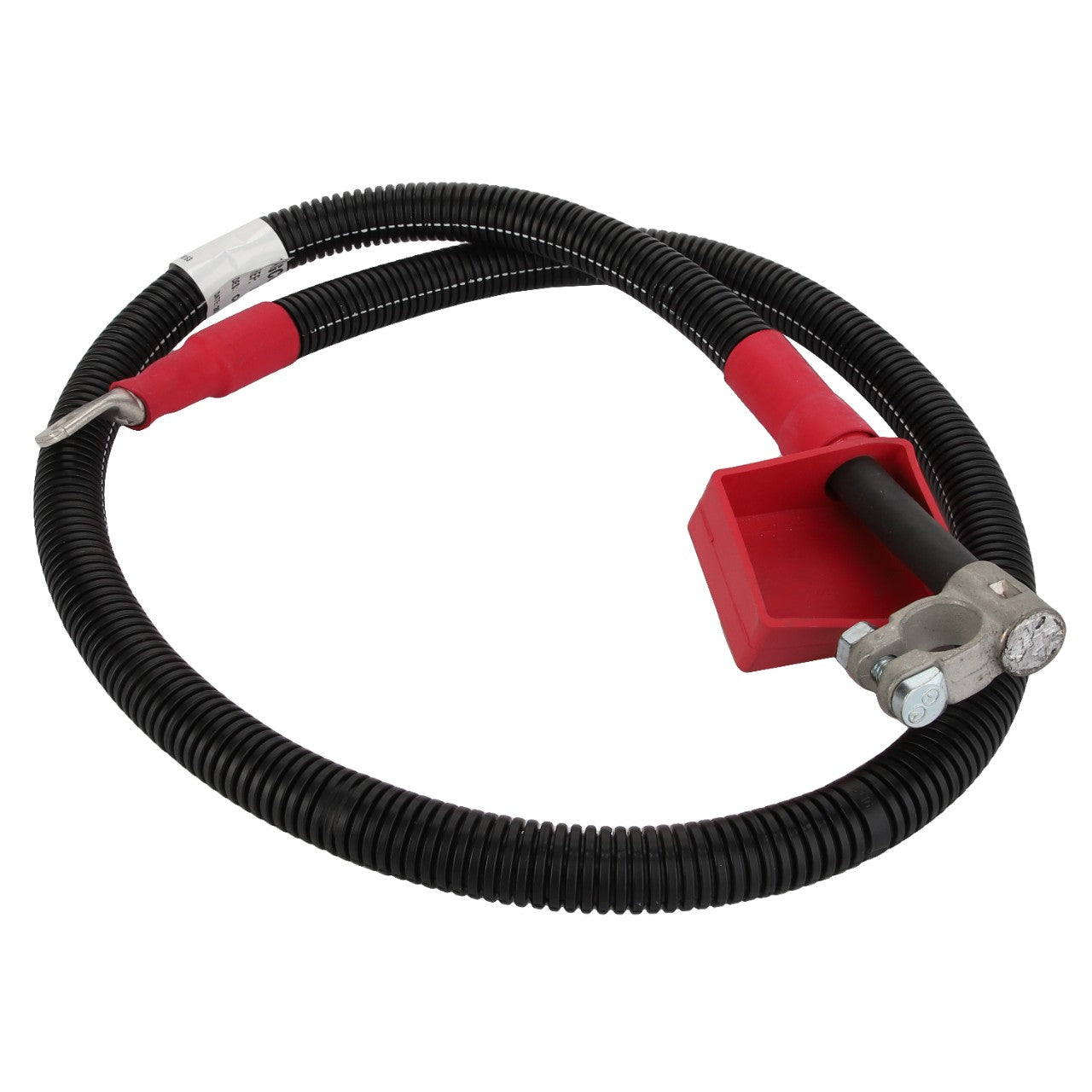 A flexible black AGCO cable with red coverings at the ends and a durable metal clamp attachment, product number D28785946.