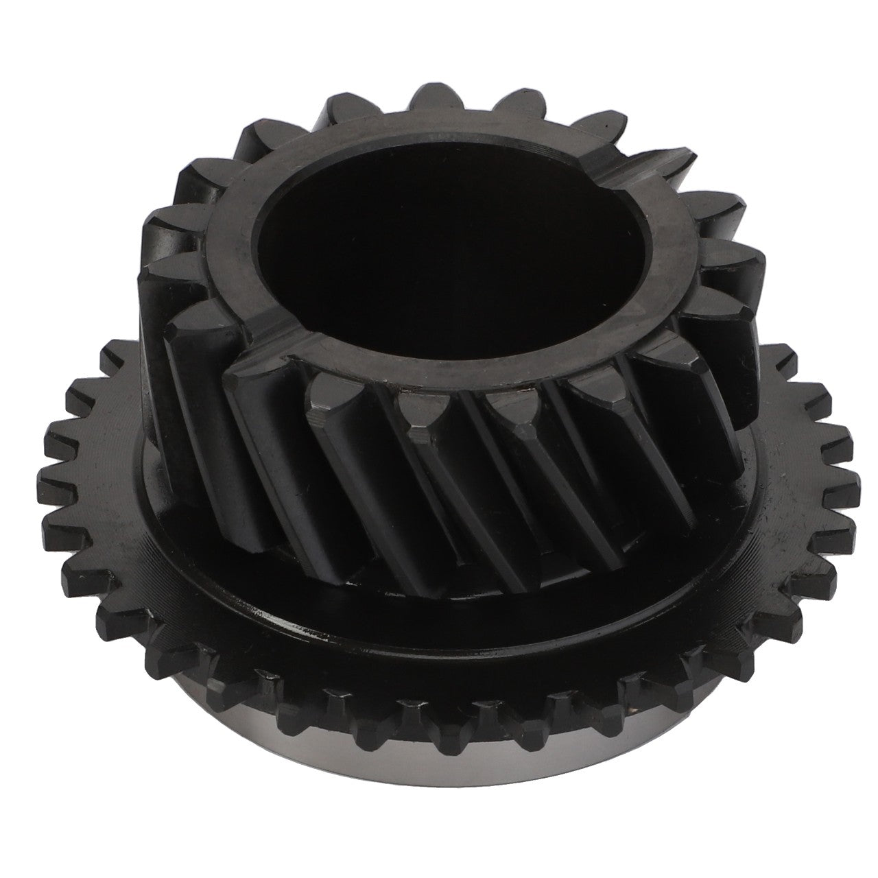 The AGCO | PINION GEAR - V30310210 is a black metal gear with interlocking teeth, expertly crafted for precise mechanical transmission.