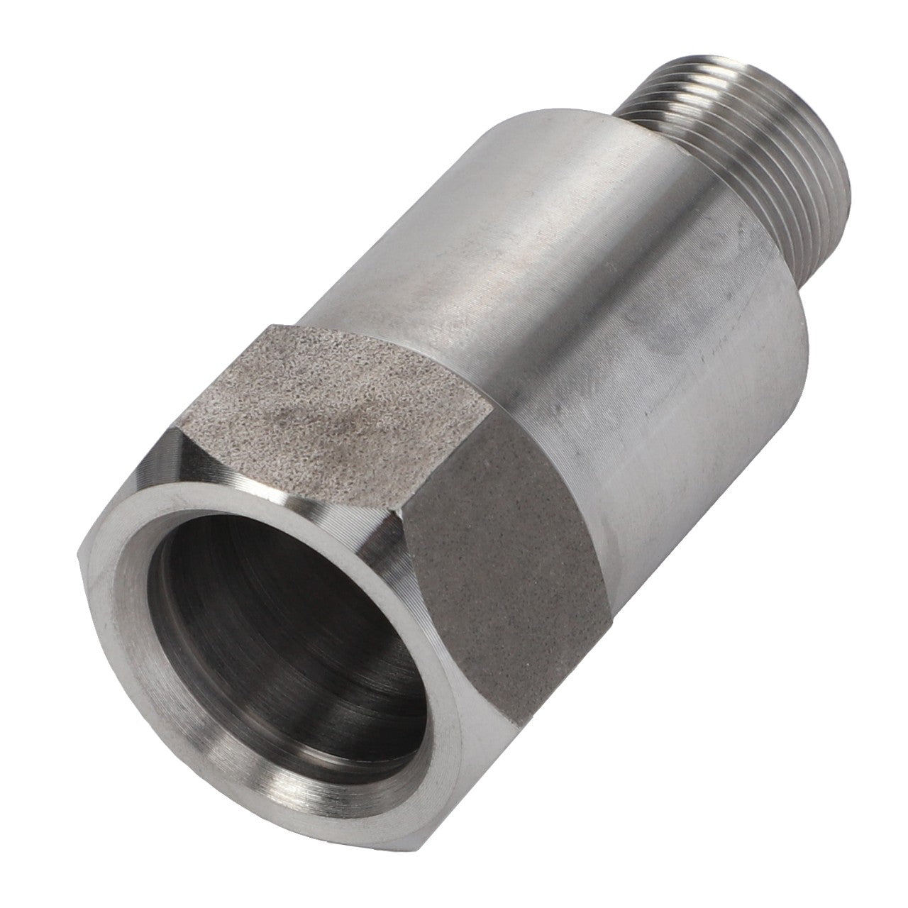 Close-up of a metal pipe connector from AGCO called BOLT - D28380016, featuring a hexagonal base and threaded end for joining piping systems. The surface showcases a combination of smooth and textured finishes.