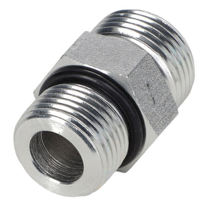 The AGCO ADAPTER FITTING - CH148-8327 is a straight metal hydraulic fitting featuring threaded connectors on both ends and equipped with a rubber male O-ring in the middle.