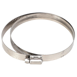 A close-up view against a white background reveals the AGCO HOSE CLAMP - AG561254, a stainless steel clamp featuring a screw mechanism designed to secure hoses and tubing. Despite the lack of current product description information, this tool epitomizes precision and reliability.