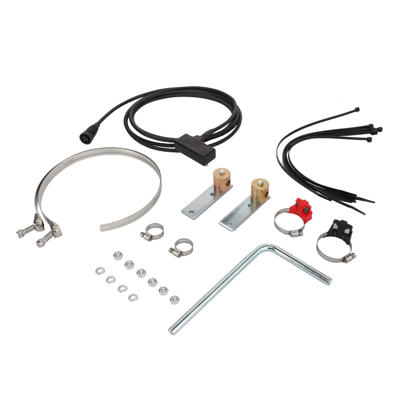 Assorted hardware related to the AGCO | SENSOR - AG710366, including a wiring harness, hose clamps, metal brackets, cable ties, screws, and an L-shaped metal bar, arranged on a white background. No current product description information is available.