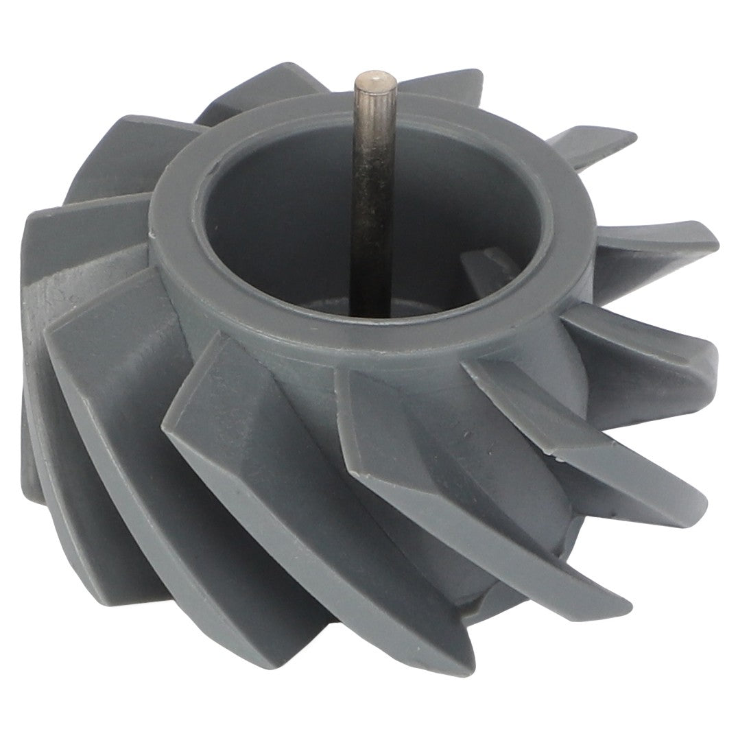 The AGCO TURBINE WHEEL - AG723606 is a gray plastic impeller featuring multiple blades and a central metal shaft. Currently, there is no additional product description information available.