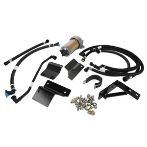 Here's the revised sentence with the given product data:

The AGCO Fuel Filter Kit (model Acx2706160) laid out on a white background showcases a comprehensive assembly kit featuring various auto parts, including hoses, brackets, fittings, a filter, and mounting hardware. No current product description information available.