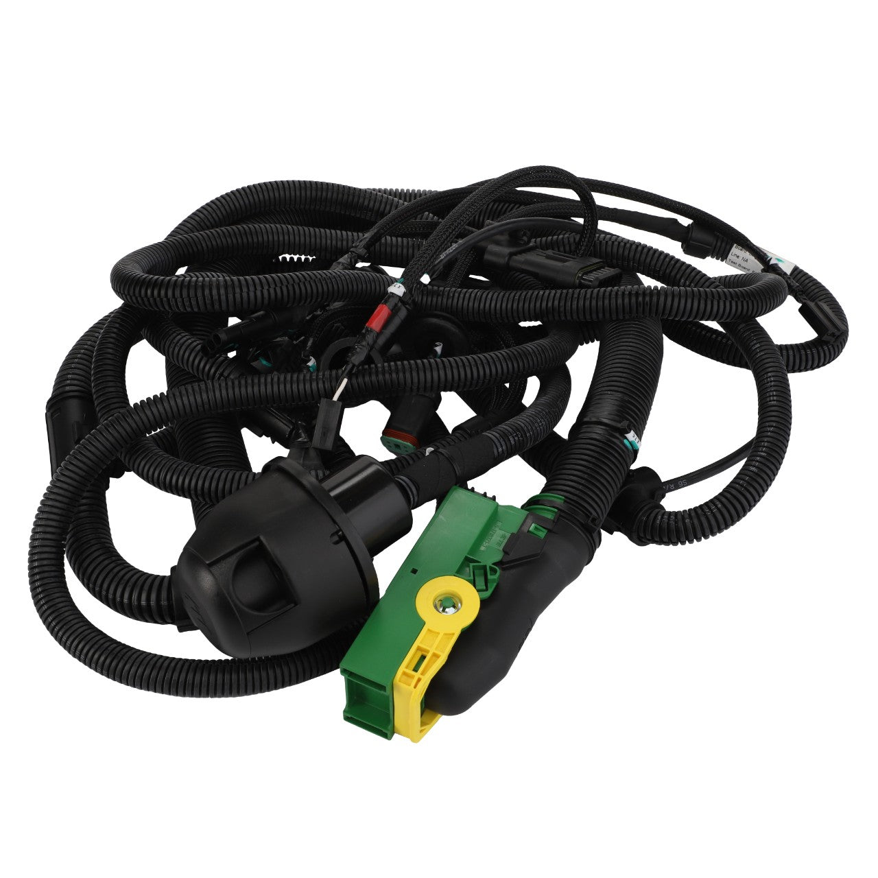 The AGCO | Harness - Acw065137B is a meticulously coiled automotive wiring harness featuring various connectors and cables, highlighted by the distinct green and yellow component for easy identification.