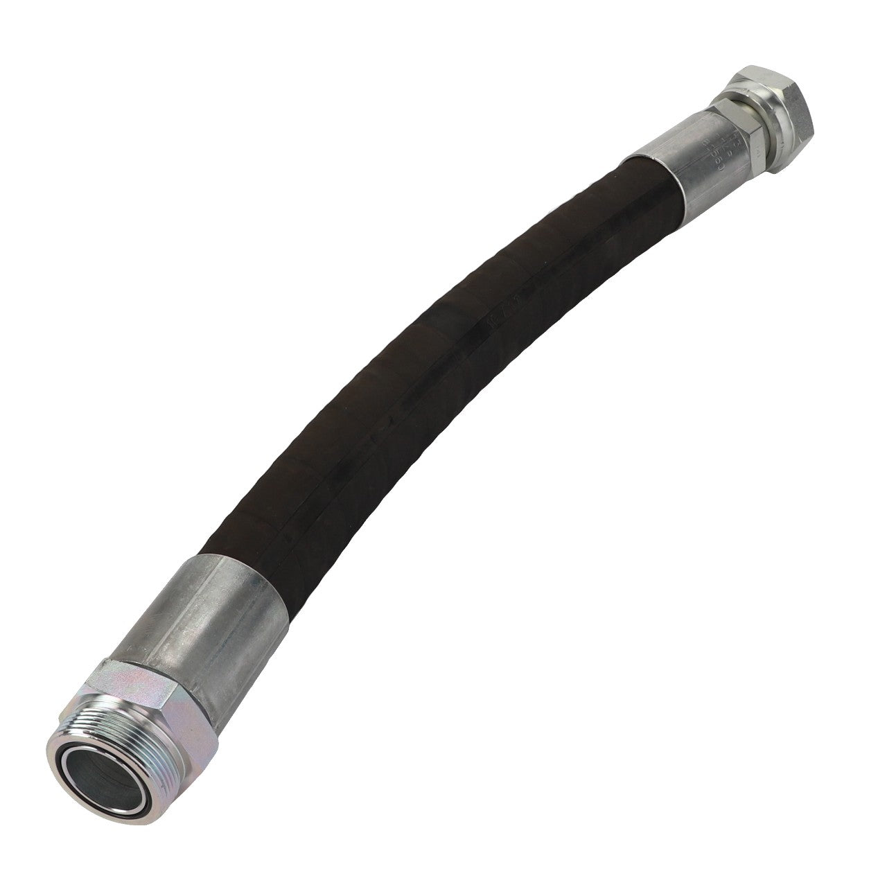 The AGCO | Hydraulic Hose - Acw0680560 is a flexible, black rubber hose designed with silver metal fittings on both ends, ideal for hydraulic or fluid transfer applications.