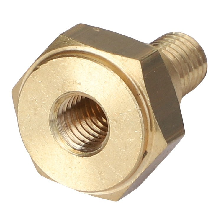 AGCO | - F934201180060, a brass hexagonal bolt with a threaded hole in the center, designed for attaching other threaded components. No additional information available.