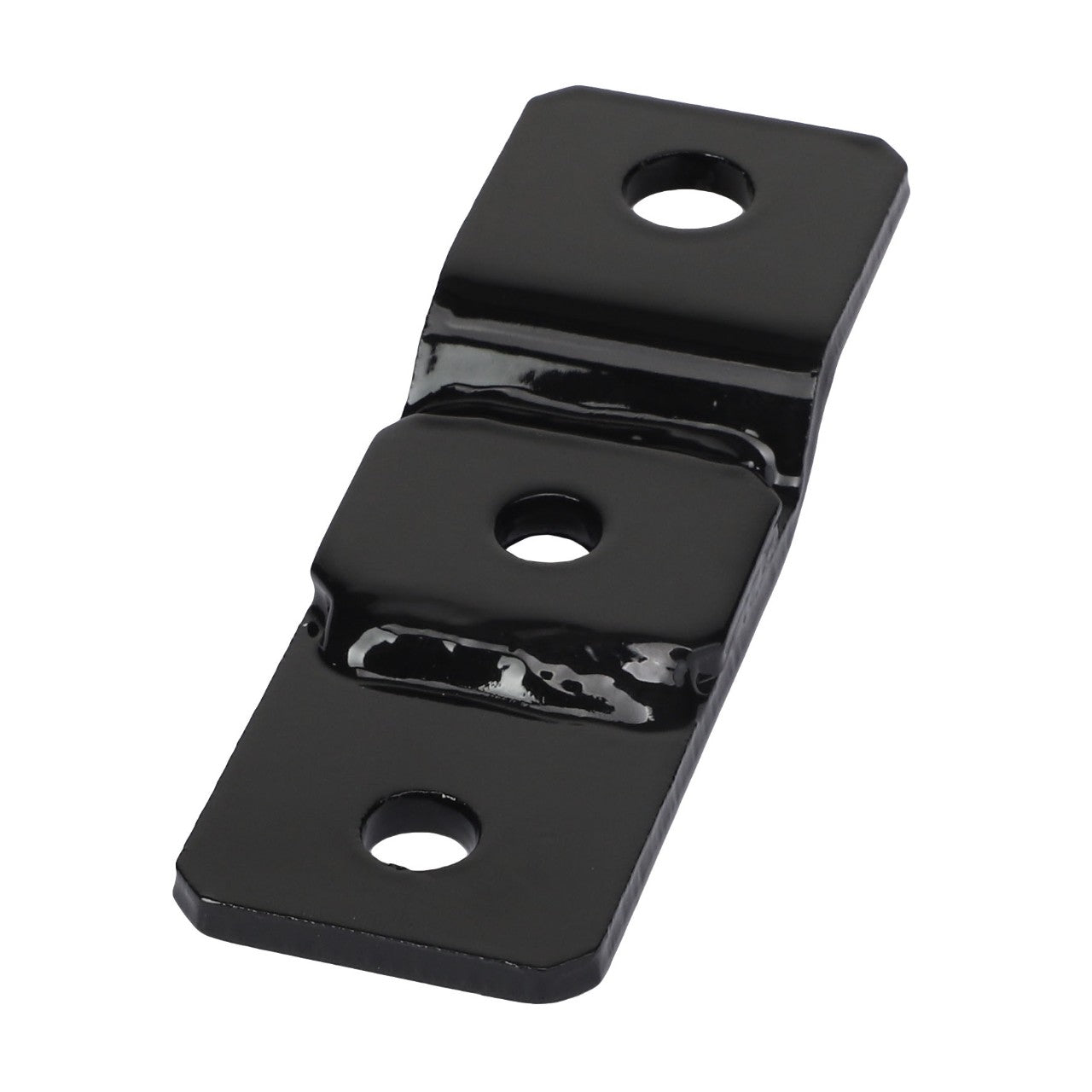 The AGCO Shield - Acw060219B is a robust black metal hinge featuring three precision-drilled holes, making it perfect for securely connecting two objects.