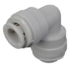 An AGCO elbow fitting, model AG516476, is a white plastic connector with push-fit fittings on both ends and the initials "DM" embossed on one side. No further product description information is available.