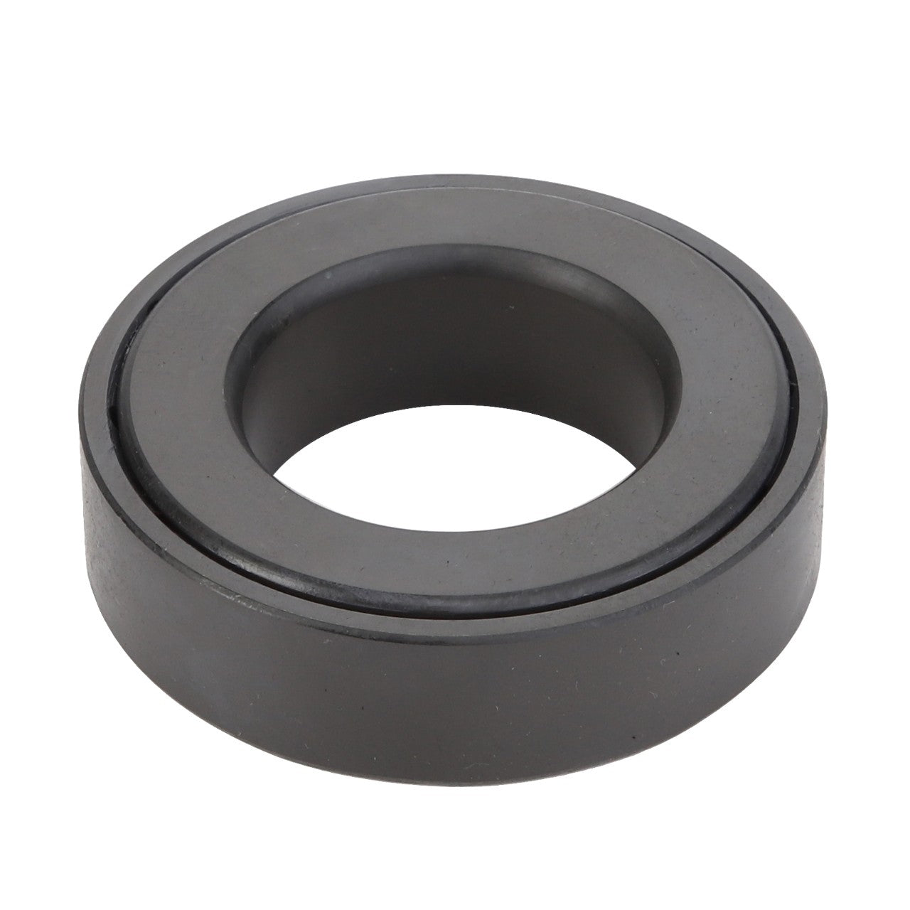 The AGCO Bearing Assy - Acp0290950 by AGCO is a sleek, round, black metal ring with a hollow center, evoking the look of a precision bearing race or a finely engineered mechanical component.