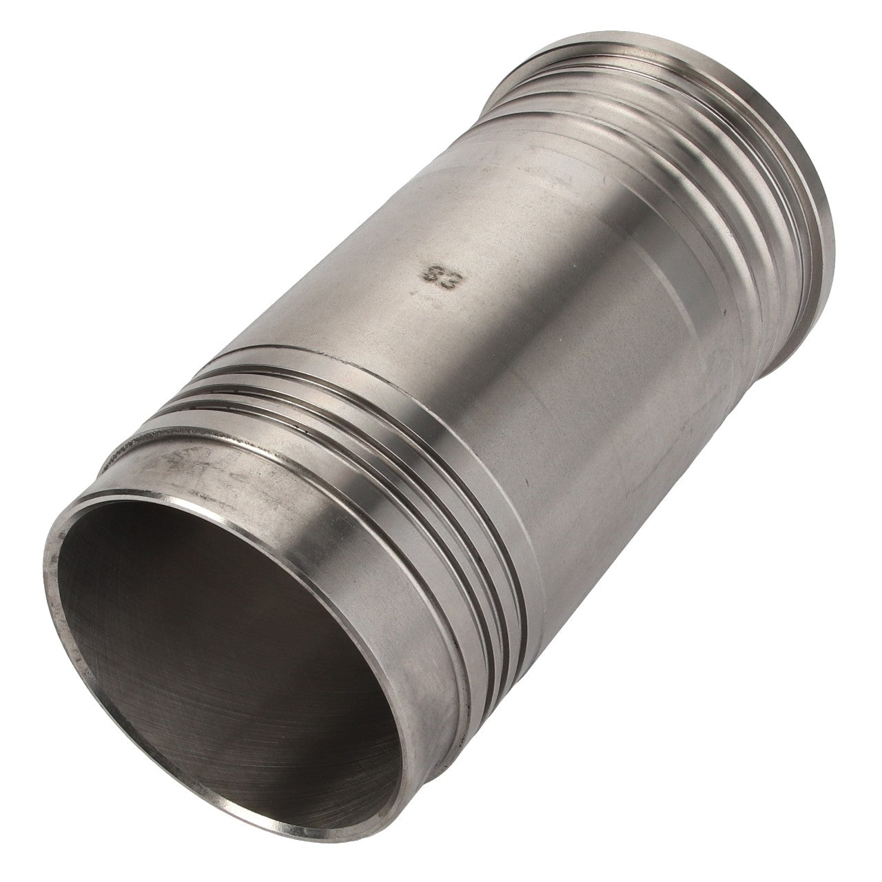 The AGCO | Cylinder Liner - V836336331 is a metal cylindrical pipe connector with a grooved surface and flared ends, crafted using high-quality materials and modern manufacturing technologies.