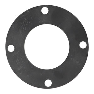 The AGCO Sealing Washer - F260200060010 is a precise circular black metal flange featuring a large central hole and four smaller holes evenly spaced around its perimeter, showcasing the meticulous engineering typical of Massey Ferguson equipment.