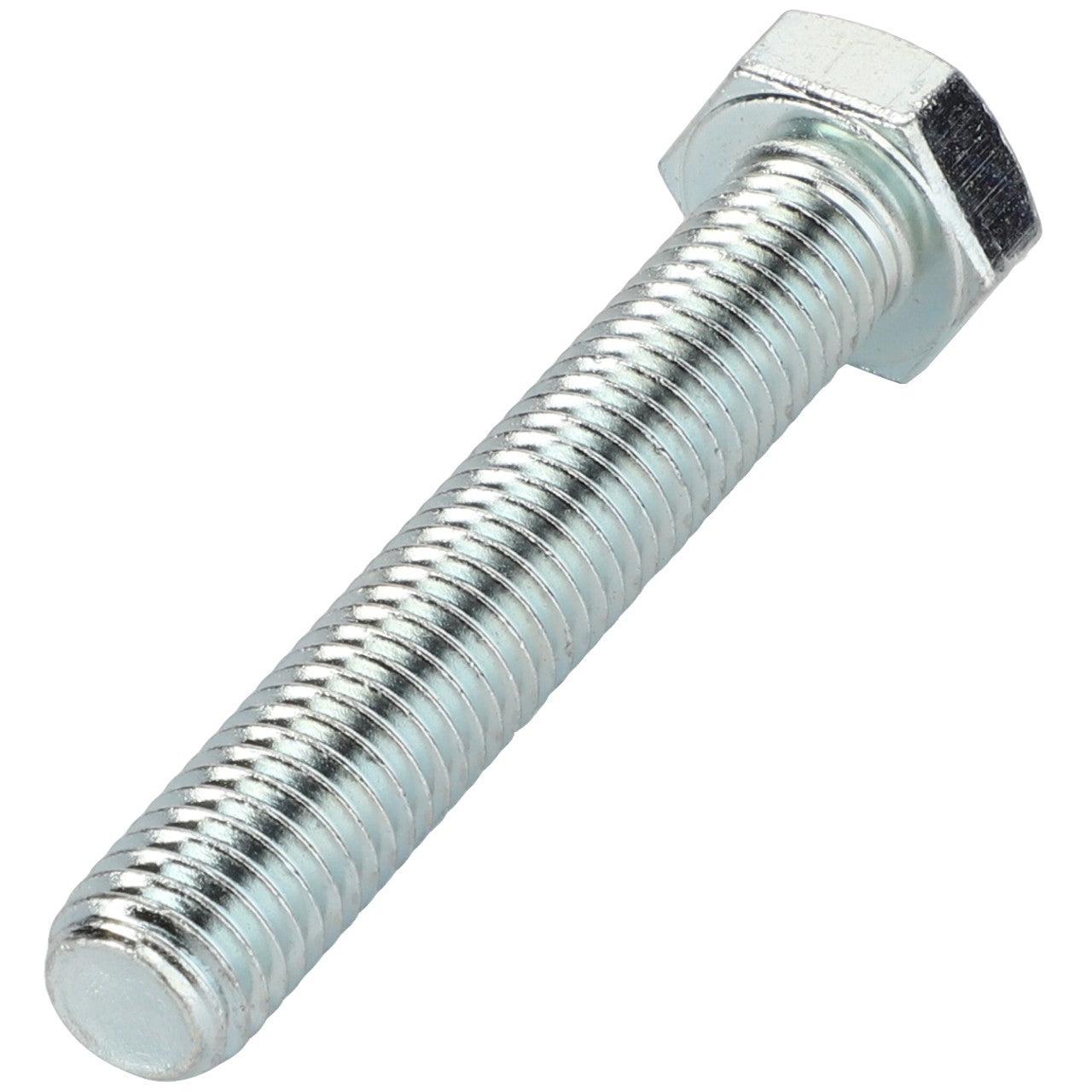 A close-up of an AGCO hexagonal head bolt, model 0901-21-57-00, made of silver metal with threading along its length.