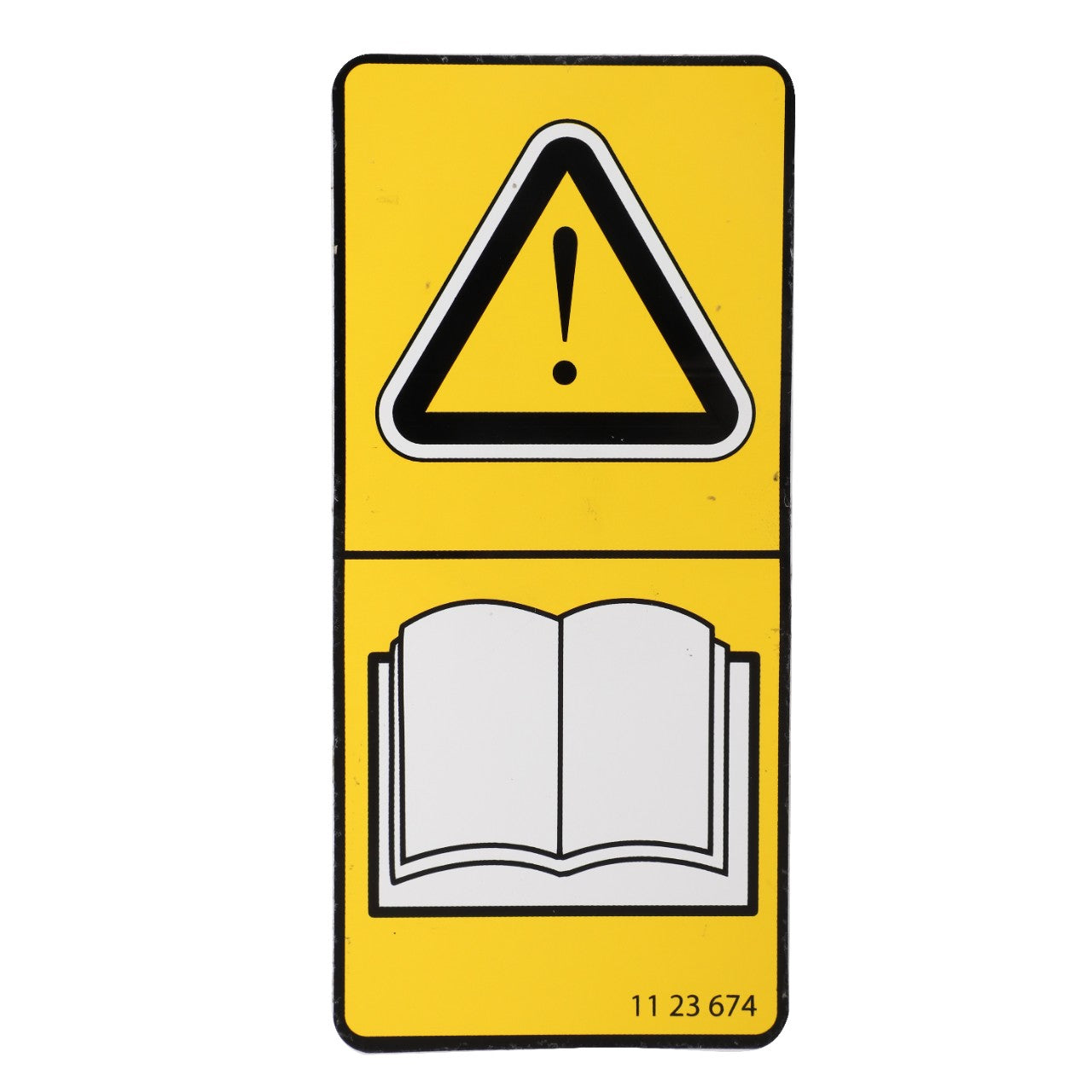 AGCO's DECAL - AL1123674 features a yellow caution sign with a black exclamation mark inside a triangle on top, accompanied by an open book icon below it.