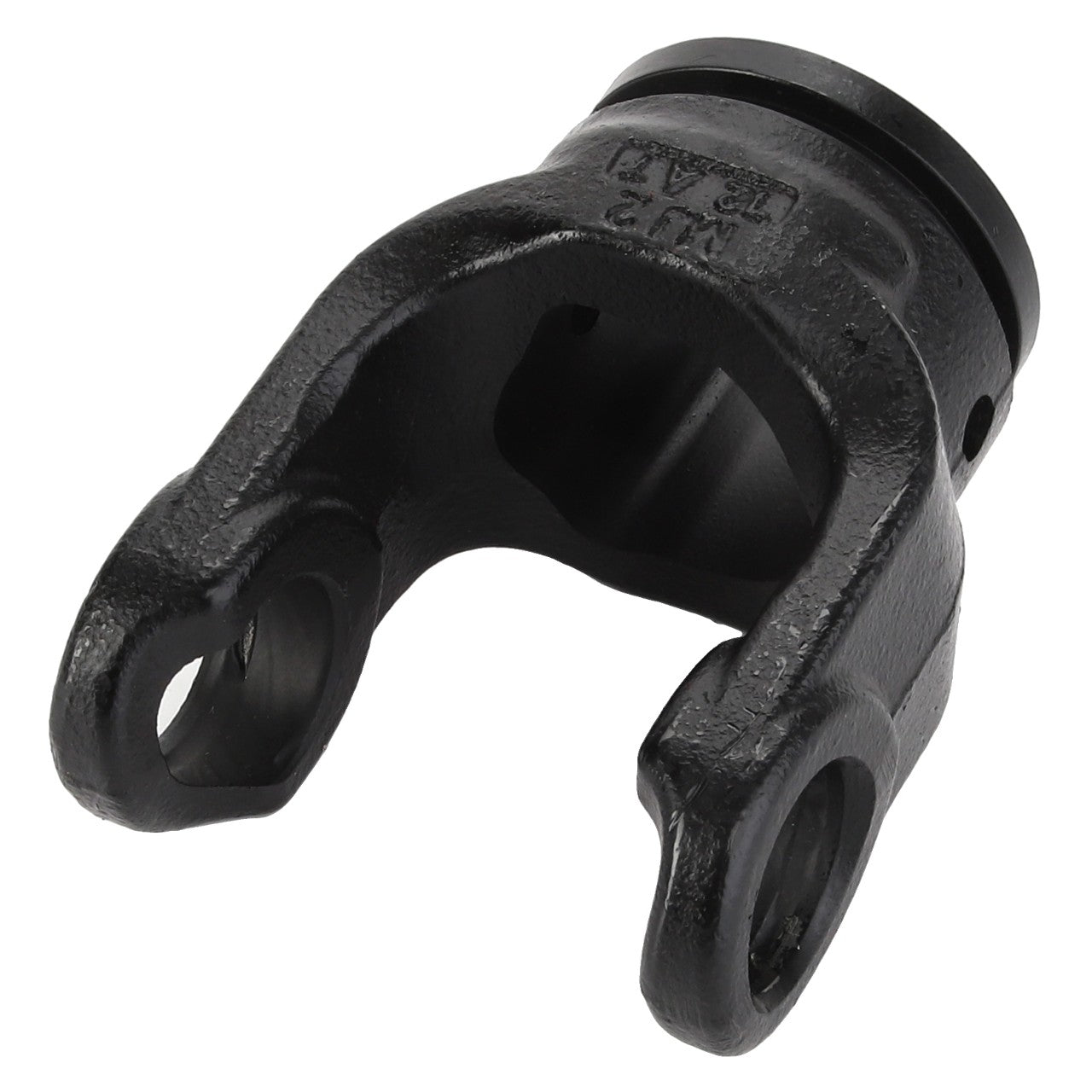 The AGCO | YOKE - D45634300 by AGCO is a black metal universal joint yoke featuring two parallel circular openings and a cylindrical base. No current information is available on its specifications.