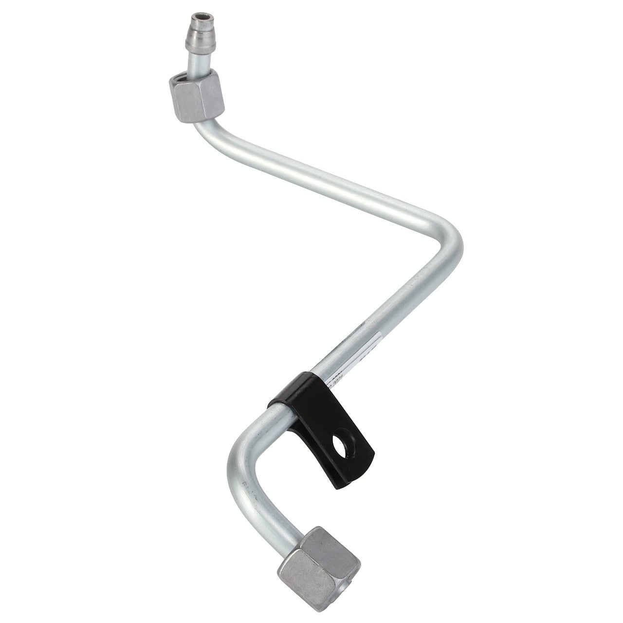 This is the AGCO | Coolant Line - F530200090240, a bent metal tube featuring connectors at both ends and a centrally attached black bracket.