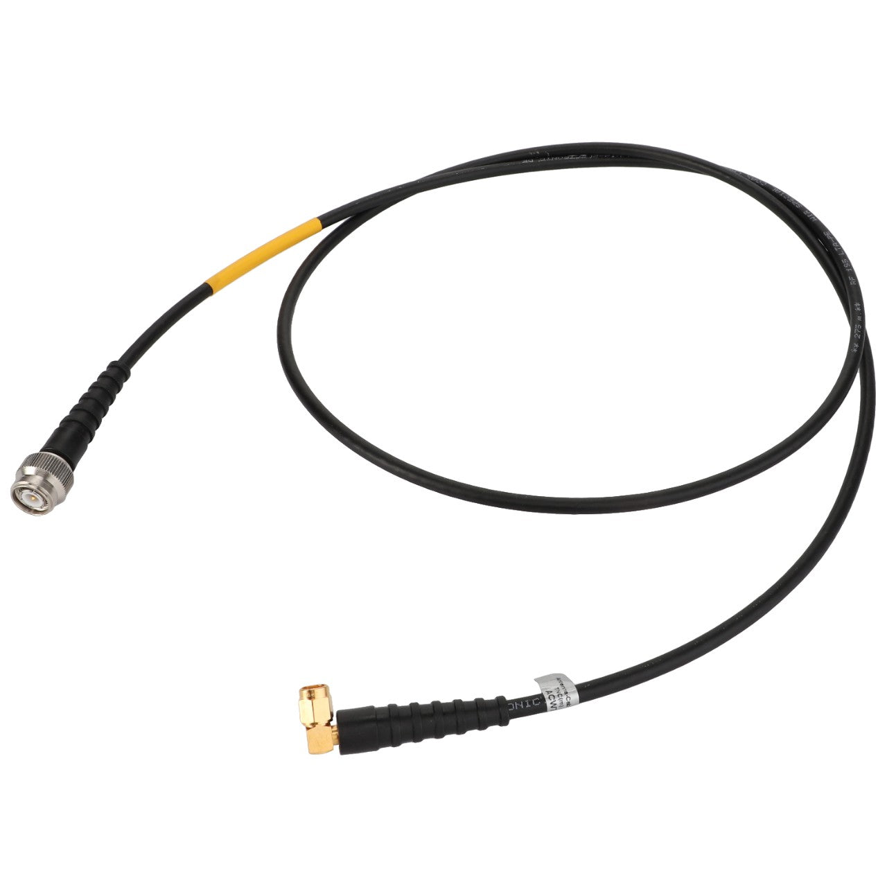 The AGCO Antenna Cable - Acw7595910 features a black coaxial cable with connectors at both ends: a straight connector on one end and a right-angle connector on the other. This AGCO Parts Genuine Electrics component ensures operating safety by using certified AGCO parts for reliable performance.