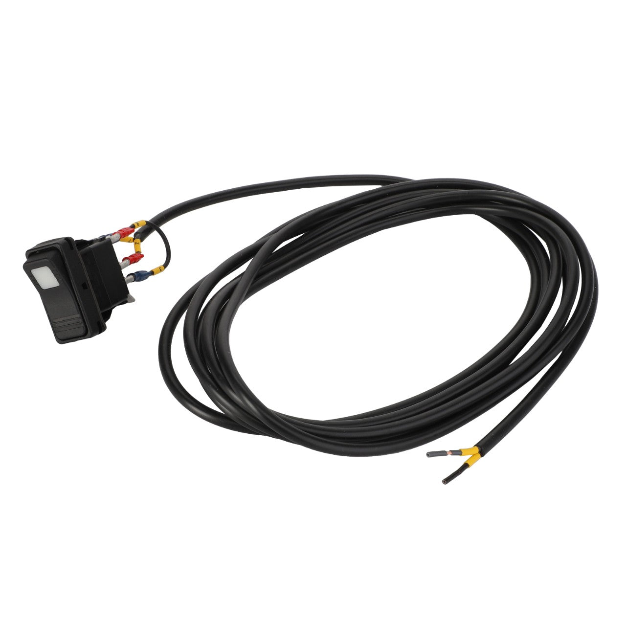 The AGCO KIT, SWITCH - AL10357778 is a black automotive switch with an attached wiring harness. It features multiple colored connectors and a coiled black cable. No current product description information is available.