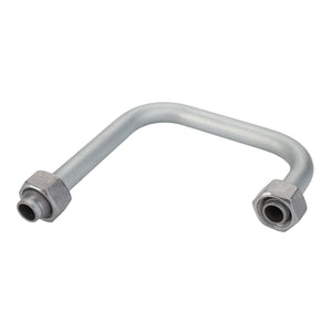 The AGCO Pipe - D28782433 is a metallic U-shaped pipe with threaded connectors on both ends, specifically designed for use in Fendt and Massey Ferguson machinery.