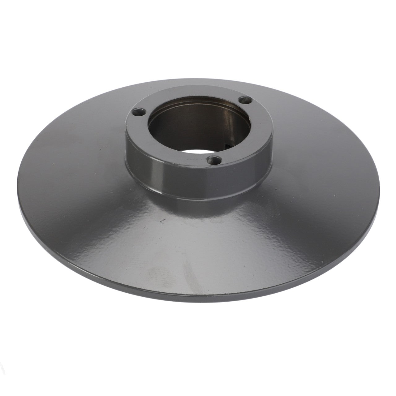 The AGCO Disc - La300132630 features a metal disc flange with a central cylindrical hub and three mounting holes. The surface is smooth and reflective with a gray finish, offering a unique combination of features not currently described in our catalog.