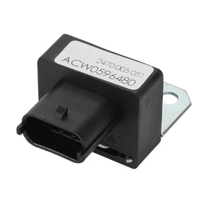 A close-up of a small, black electronic component labeled "AGCO | Sensor - ACW0596480." The component features a rectangular connector and a metal bracket for mounting. No current product description information available.