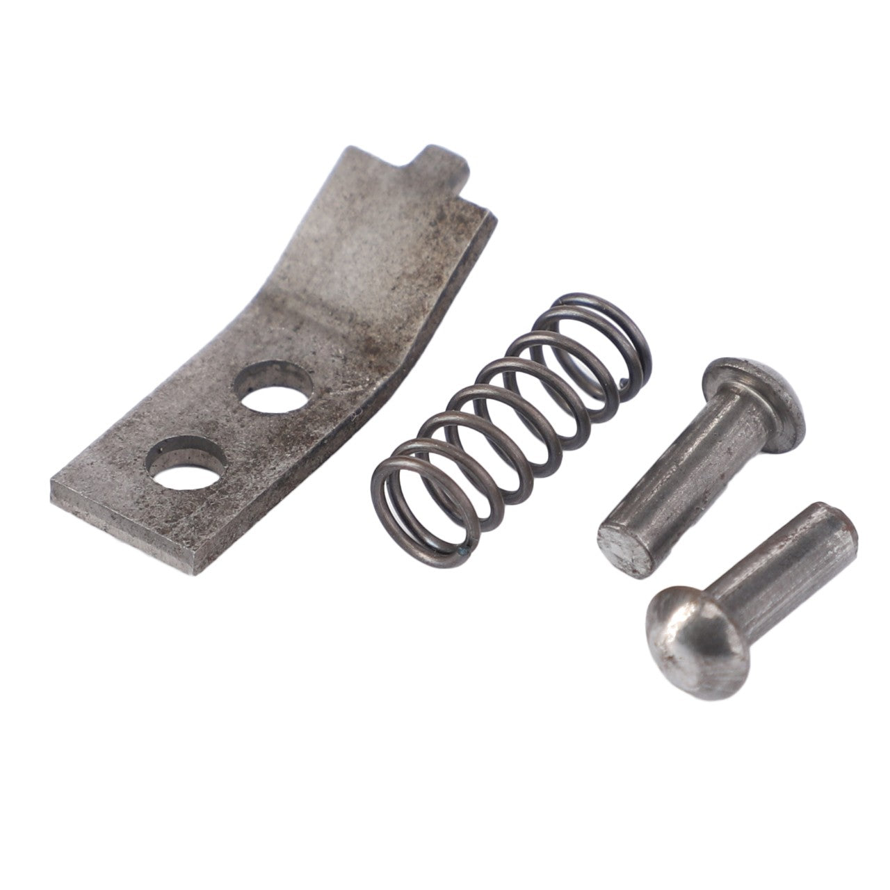 The AGCO Spring Retainer, Coupling Bolt Release Lever - F816500070100 consists of four metal components on a white background: a flat piece with two holes, a coiled spring, and two cylindrical pins with rounded ends.