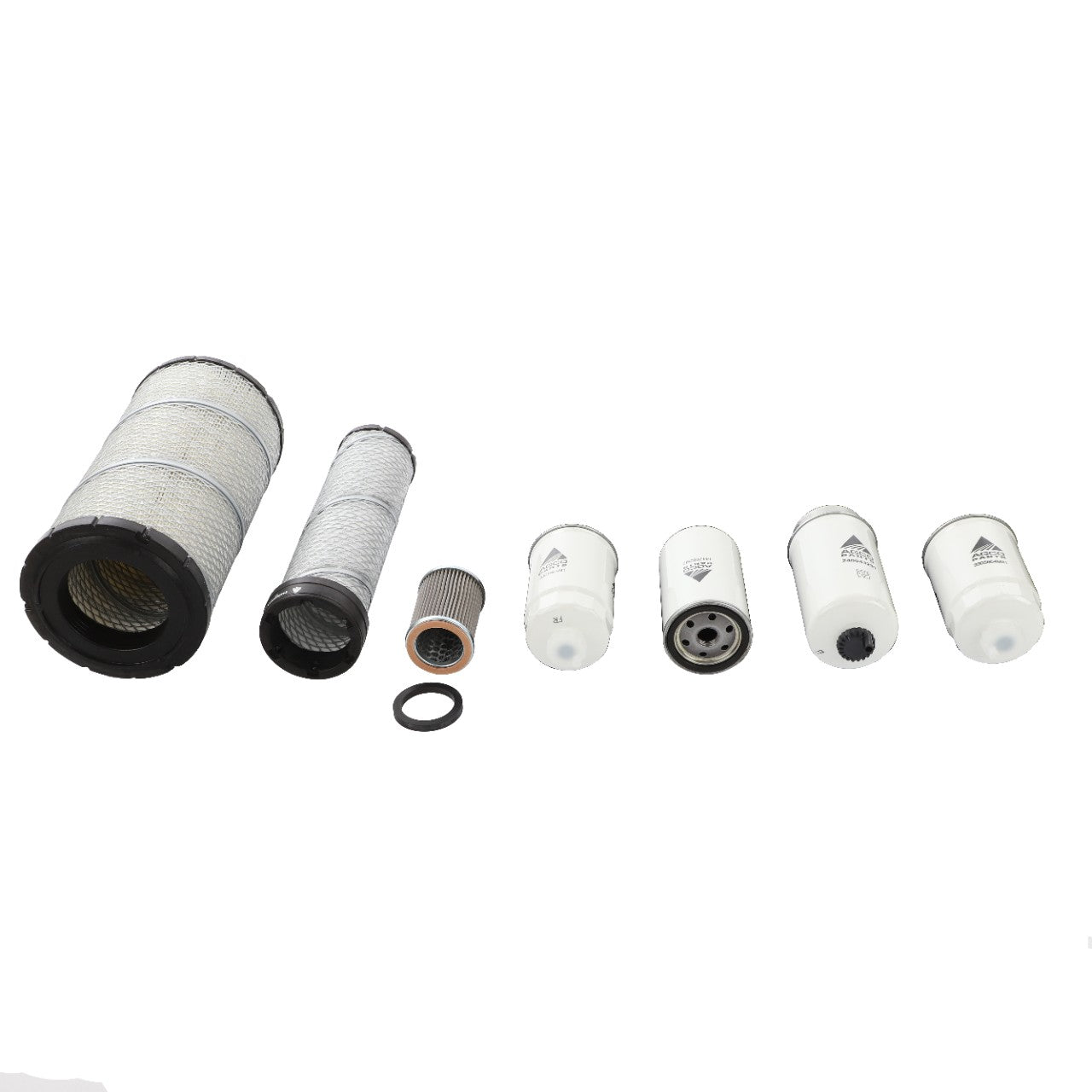 The AGCO Field Service Kit - Acp0210140, featuring various white cylindrical filters and gaskets in different sizes, is arranged in a row against a plain white background.