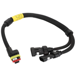 Product Description: AGCO | Harness - Acw3867140 is a coiled black wiring harness featuring a yellow label and three connectors, ending in two separate split paths.