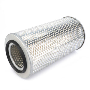 The AGCO Engine Air Filter - V836316408 features a cylindrical metal design with a perforated outer surface and rubber seals on both ends, providing superior engine protection and enhanced filtration efficiency.