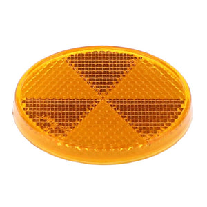 The AGCO Reflector - 0974-46-01-00 is a round, orange reflective safety marker featuring a grid pattern on its surface, specifically designed for visibility in low light conditions and ideal for equipment from brands like Fendt.