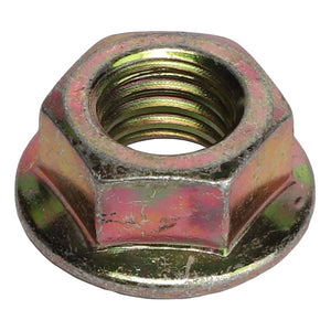 A close-up image of the AGCO | HEX FLANGE NUT - AG520628, featuring a threaded interior and a slightly weathered, metallic exterior, showcasing its industrial ruggedness.