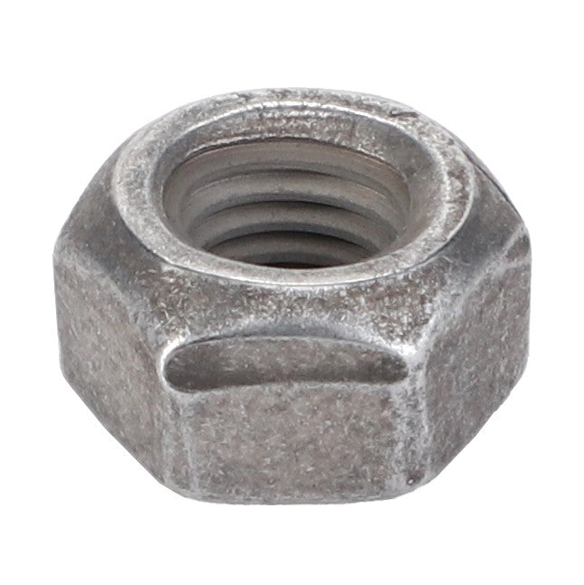 Close-up image of the AGCO Hex Top Locknut - Acp0705840, a metallic hex nut featuring an internal screw thread. This top locknut is designed for use with a bolt or threaded rod to fasten multiple parts together.