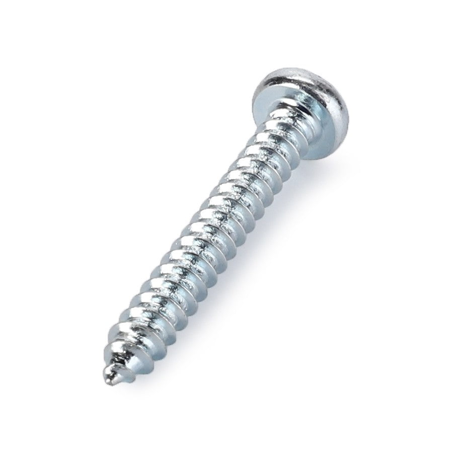 Close-up of a single AGCO screw (model D40743000) in silver metal with a round head and threaded shaft on a plain white background.