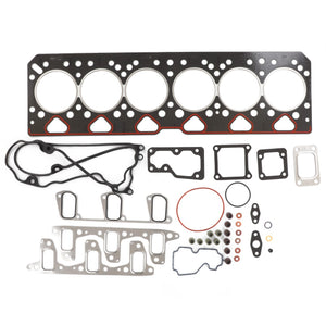 A collection of AGCO’s Gasket Kit - 4225058M91 laid out on a white surface, featuring head gaskets, O-rings, and various other components in different shapes and sizes for Valtra models.