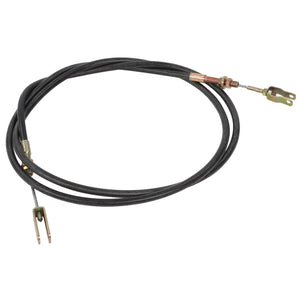 The AGCO HAND BRAKE CABLE - ACY1563640 is a black cable featuring metallic connectors at both ends, commonly utilized for mechanical linkage or control mechanisms.