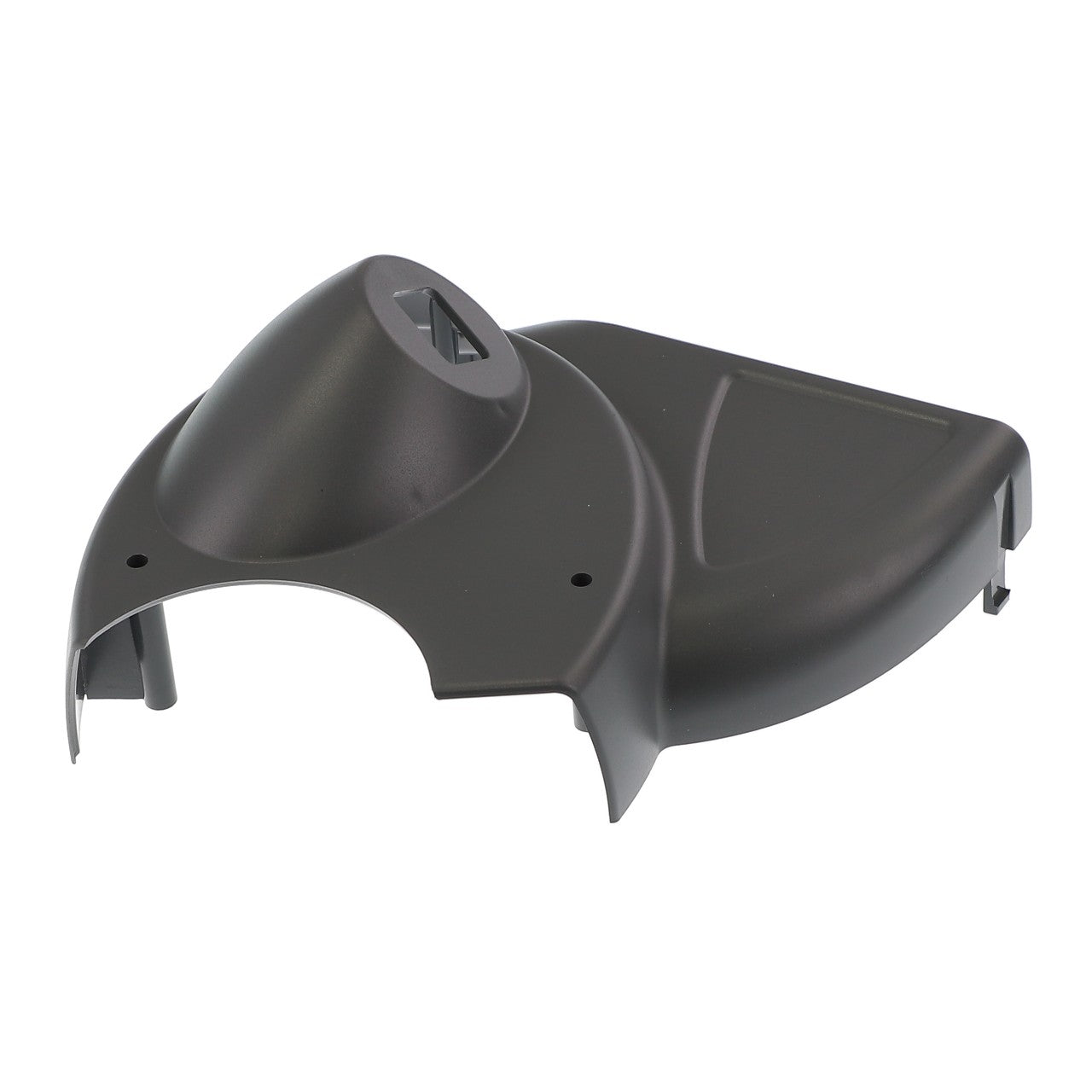 Introducing the AGCO LEFT HAND COVER - D28982405, a black plastic replacement part designed with a contoured shape and two slots for mounting or attachment. This durable component from AGCO ensures compatibility and performance for your specific equipment needs.