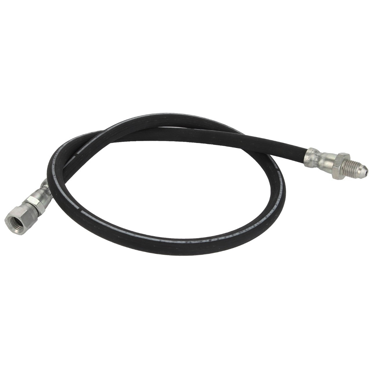 The AGCO Brake Hose - Acw1742930 is a flexible black hose with metal fittings on both ends, coiled in an arc.