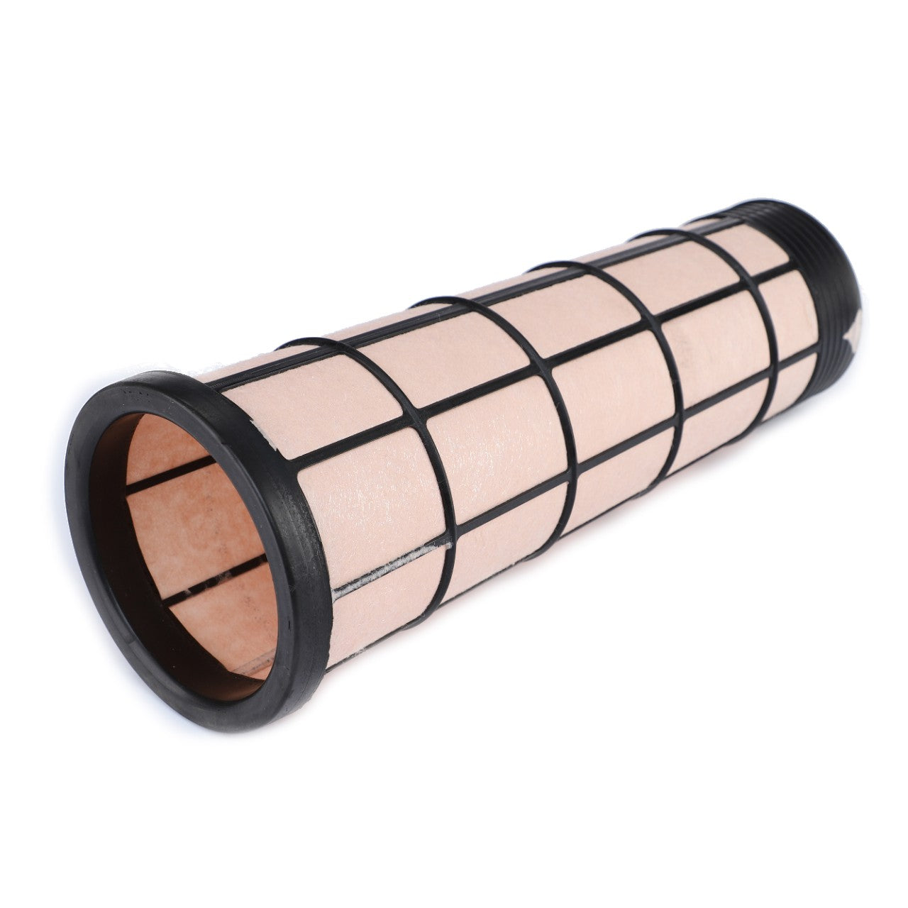 The AGCO Engine Air Filter Cartridge - 4379575M1, a cylindrical filter featuring a pinkish-brown pleated paper element and a black plastic grid support structure, is designed to prolong service life while maintaining high filtration efficiency.