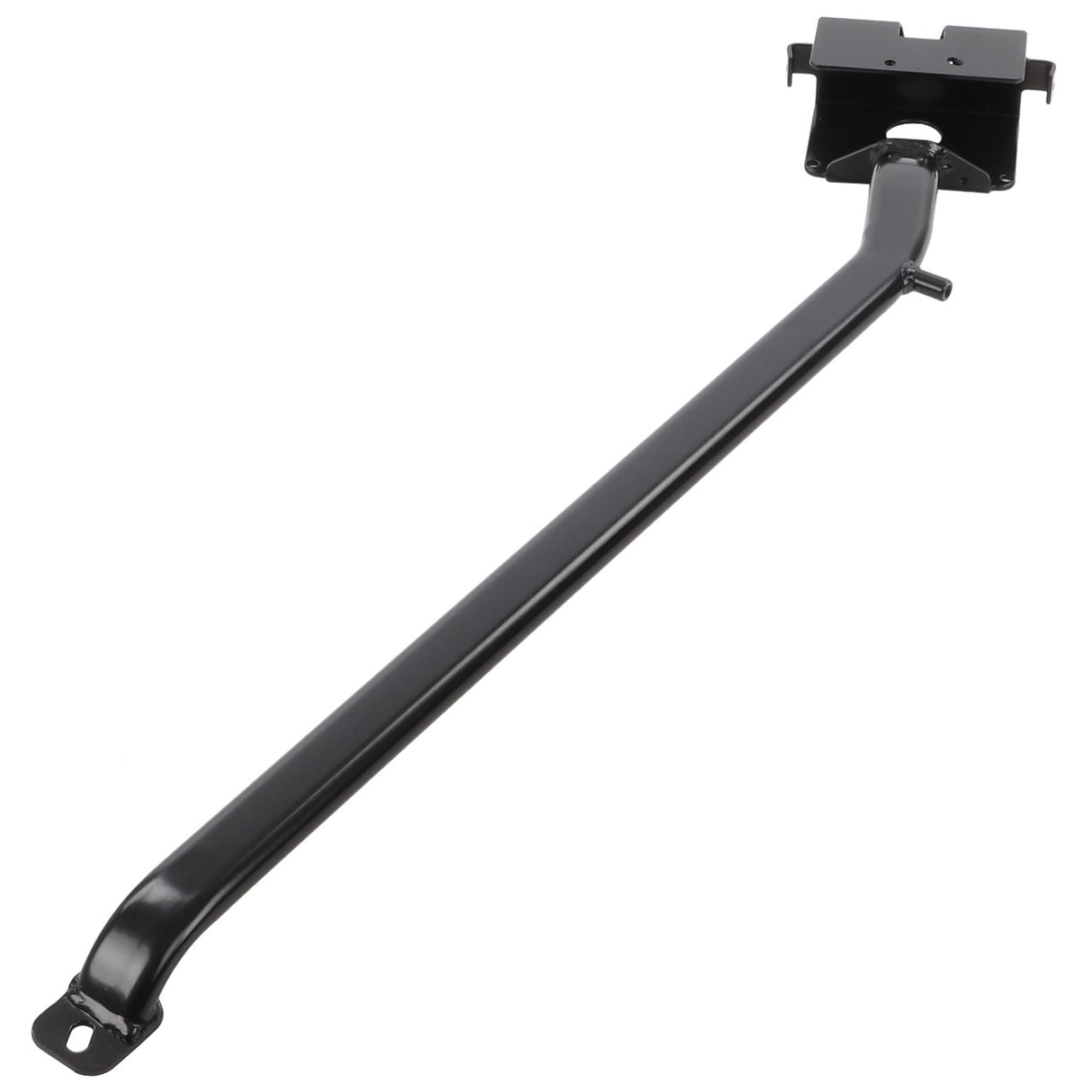 The AGCO | LEFT HAND LATCH - 0.010.7077.3 is a metal bracket featuring a long, straight arm with mounting holes at each end. For any ordering questions, please contact support.