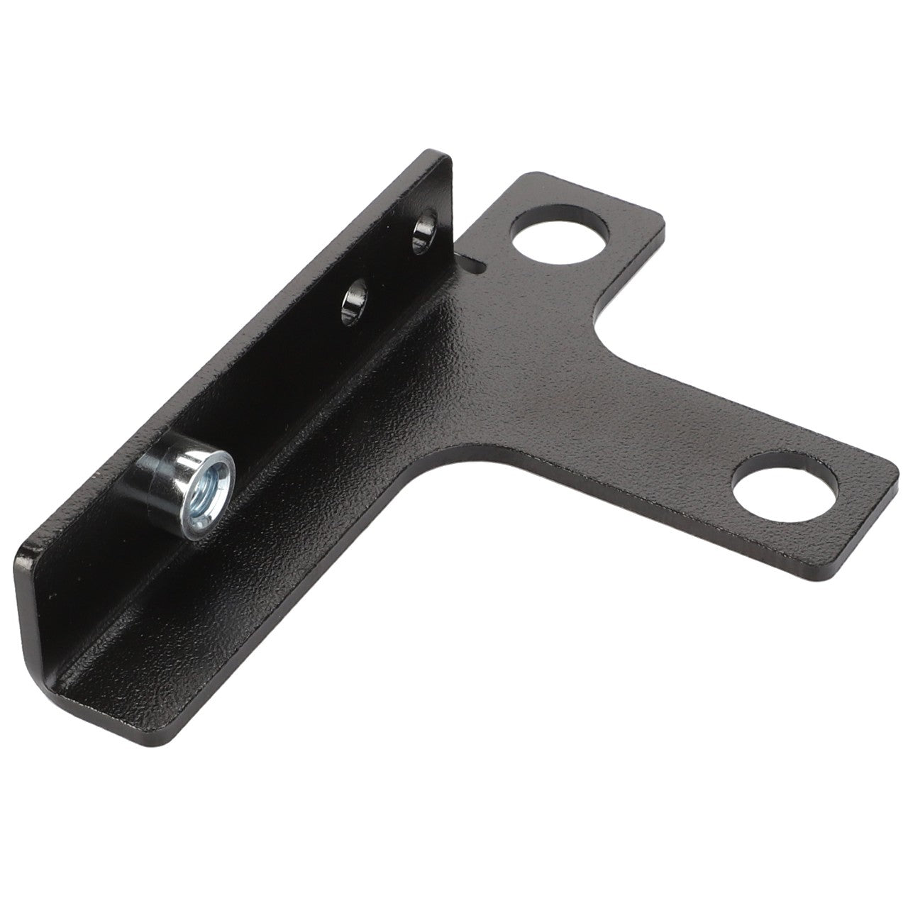 The AGCO | Bracket - 4389057M1 is a black metal bracket featuring three holes and a cylindrical spacer attached. No additional product description is available at this time.