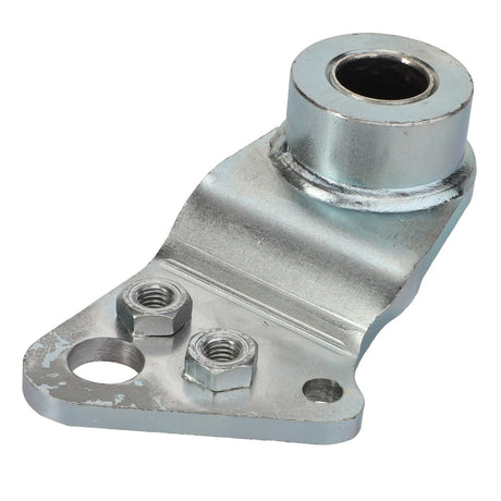 Introducing the AGCO Lever - Acp0671790, a metal automotive component featuring a cylindrical bearing and two threaded holes for bolts.