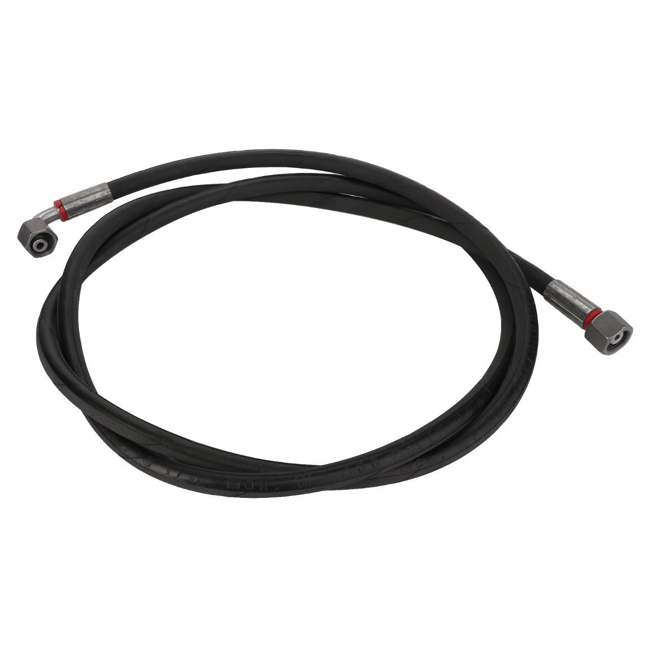 The AGCO | Hydraulic Hose - Fel152135, a coiled black hose with metal fittings on both ends, is essential for efficiently transferring fluid in sophisticated hydraulic systems.