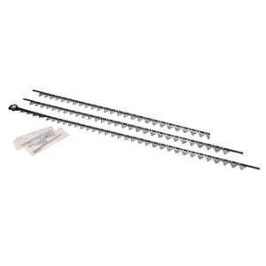 Two rows of AGCO KIT, KNIFE - D28286574 black metal garden edging with triangular teeth are displayed on a white background, along with a packet of screws and anchors from the AGCO brand. No current product description information is available.