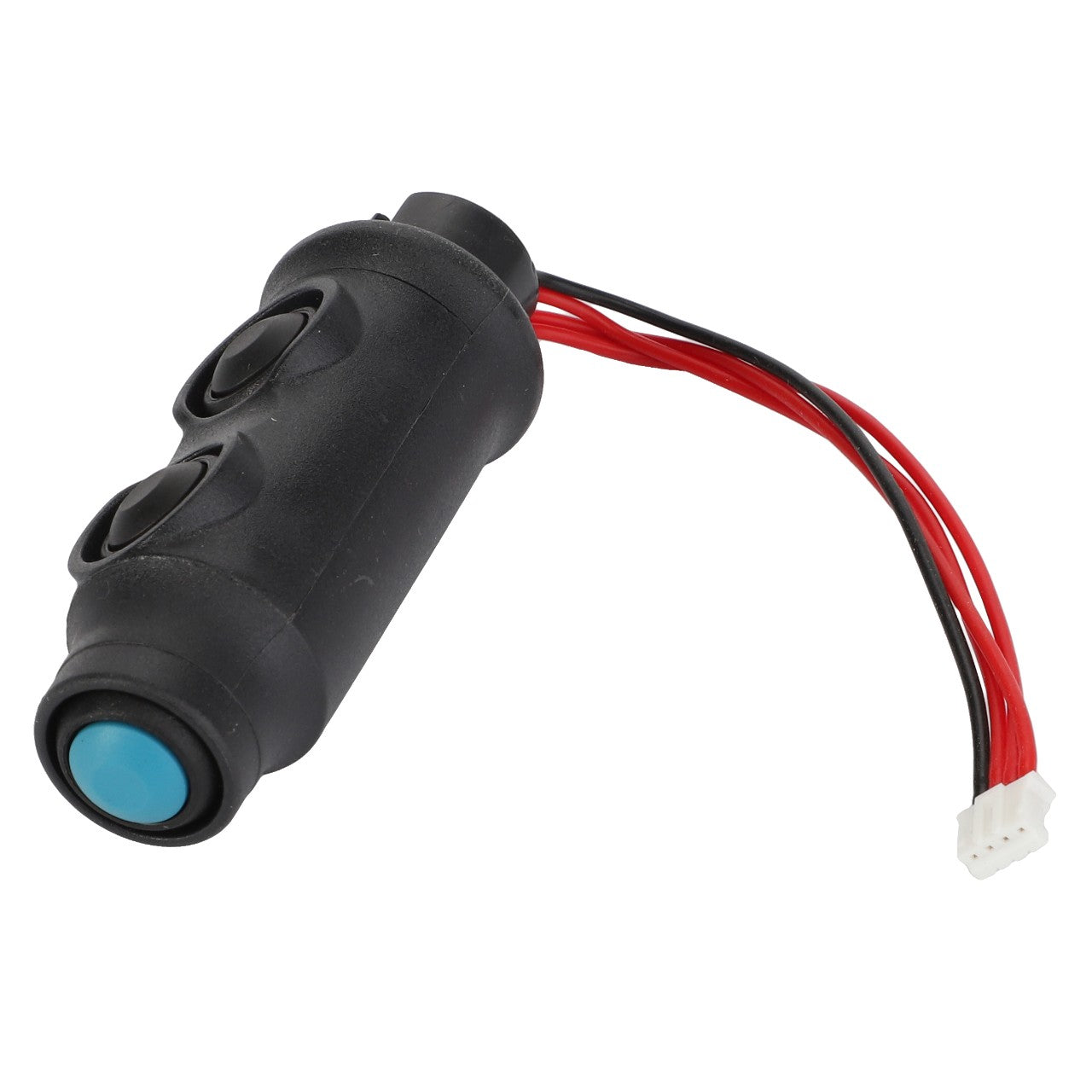 This image shows the AGCO | SWITCH - AL4500362, a black electrical component featuring two black buttons and a blue button. It is connected to a set of red, black, and white wires that terminate in a white connector.