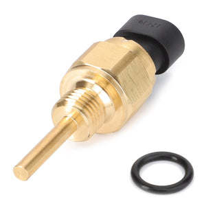 The AGCO Switch - F916951010030 is a brass temperature sensor with a black connector and includes an O-ring gasket positioned beside it, compatible with Massey Fergus and Fendt Vario models.