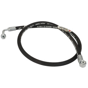 The AGCO HOSE ASSY - CH200-4379 is a black flexible hose with metal fittings on both ends, coiled in a loop. The hose features white markings and text along its length indicating specifications. No current product description information is available.