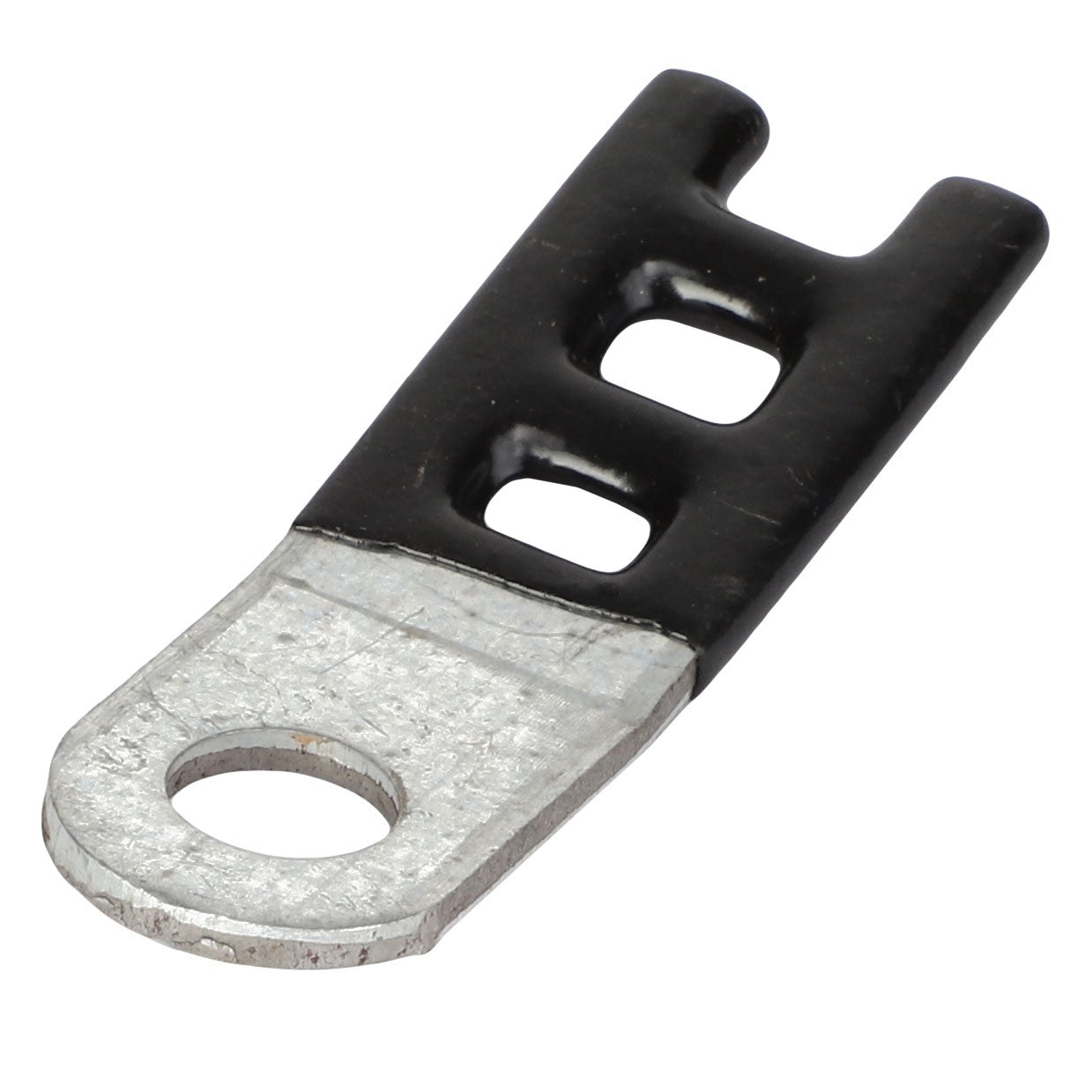 The AGCO LADDER CLIP - CH4P-7581 is a metallic lug connector with a black casing, featuring a round hole on one end and two rectangular slots on the opposite end.